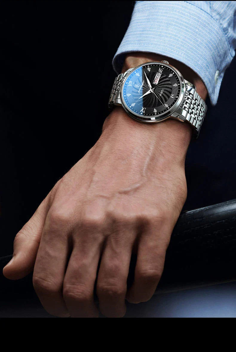 Men's Stainless Steel Luminous Quartz Wristwatch with Date and Week-The Yellow Prime