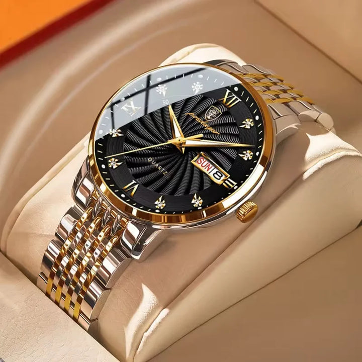 Men's Stainless Steel Luminous Quartz Wristwatch with Date and Week-The Yellow Prime