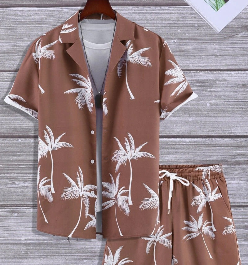Men's Tropical Print Summer Set, Lightweight Shirt and Shorts-The Yellow Prime