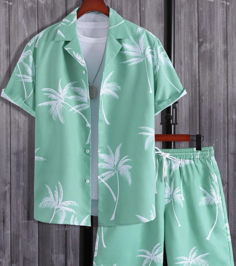 Men's Tropical Print Summer Set, Lightweight Shirt and Shorts-The Yellow Prime
