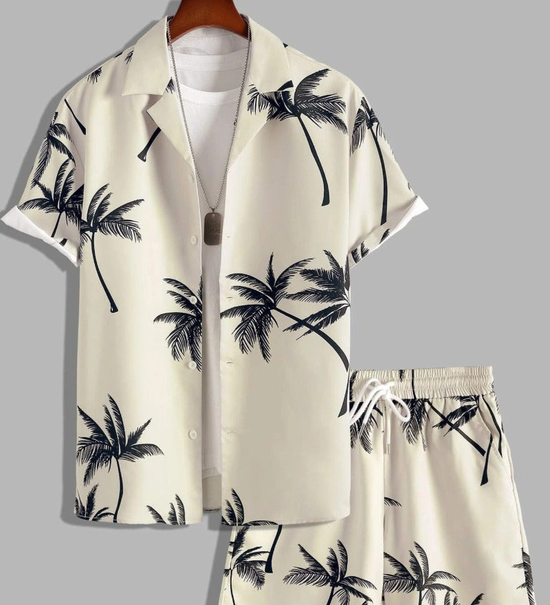 Men's Tropical Print Summer Set, Lightweight Shirt and Shorts-The Yellow Prime