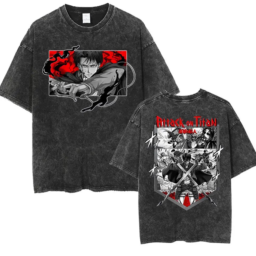 Men's Vintage Washed Anime Print T-shirt with Wings of Freedom Design-The Yellow Prime