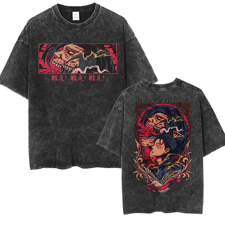 Men's Vintage Washed Anime Print T-shirt with Wings of Freedom Design-The Yellow Prime