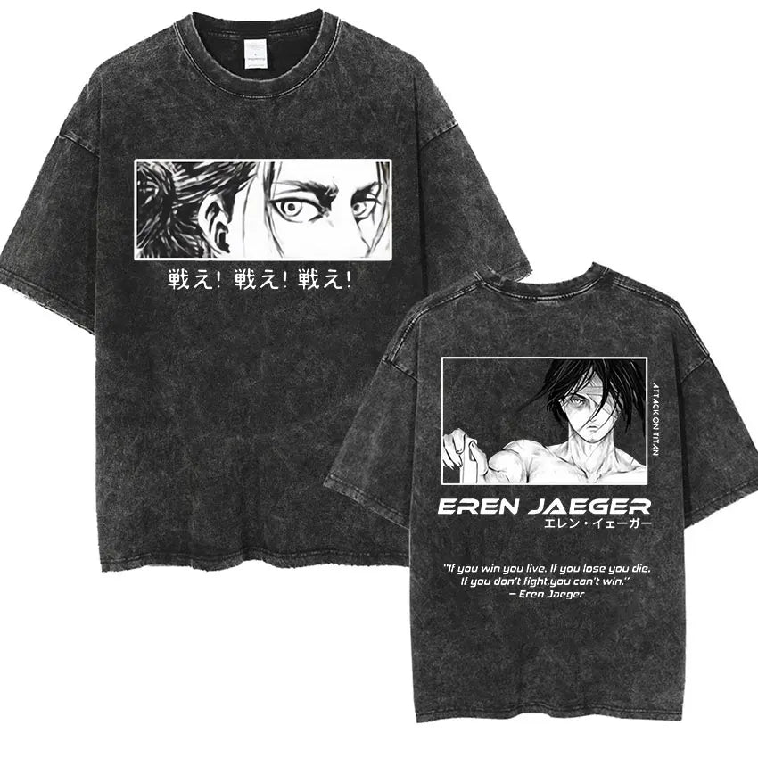 Men's Vintage Washed Anime Print T-shirt with Wings of Freedom Design-The Yellow Prime