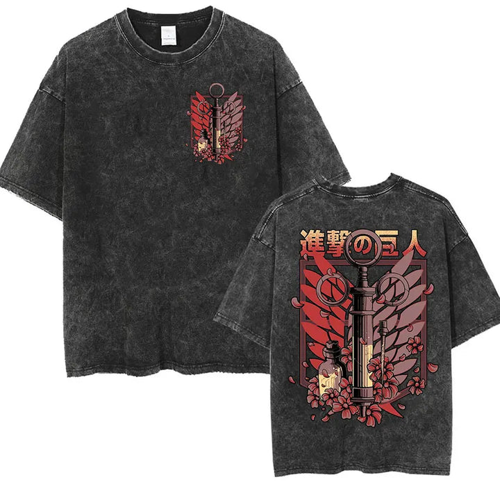 Men's Vintage Washed Anime Print T-shirt with Wings of Freedom Design-The Yellow Prime