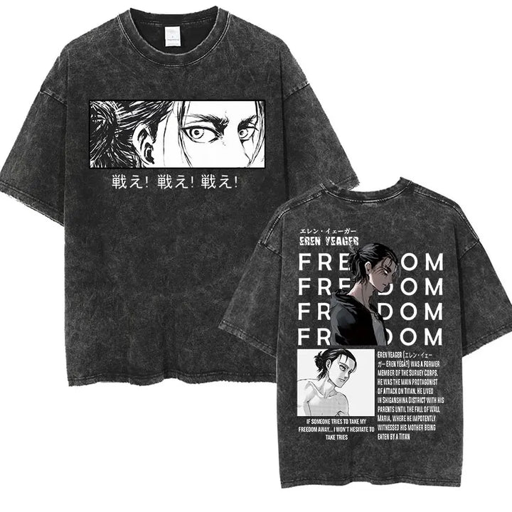 Men's Vintage Washed Anime Print T-shirt with Wings of Freedom Design-The Yellow Prime