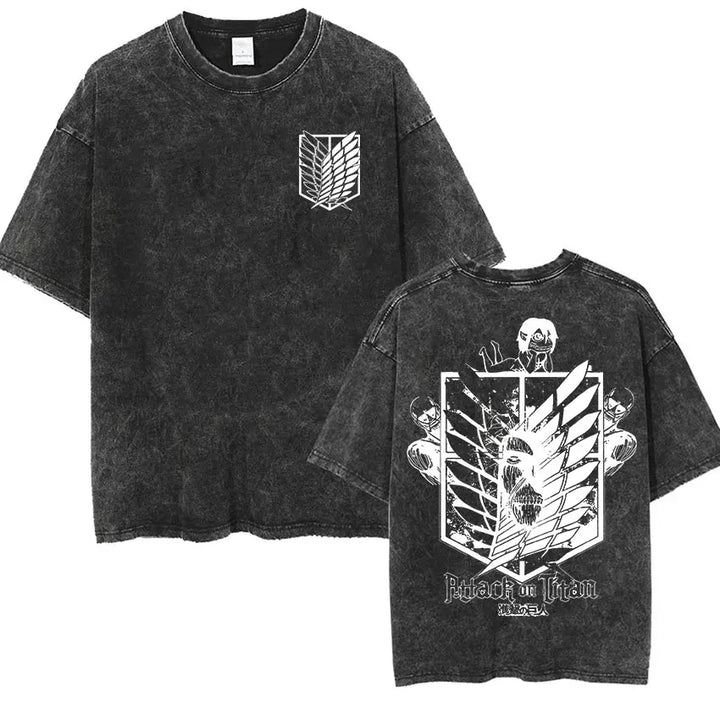 Men's Vintage Washed Anime Print T-shirt with Wings of Freedom Design-The Yellow Prime