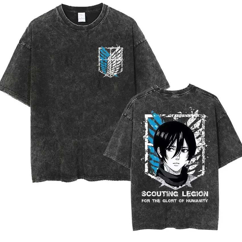 Men's Vintage Washed Anime Print T-shirt with Wings of Freedom Design-The Yellow Prime