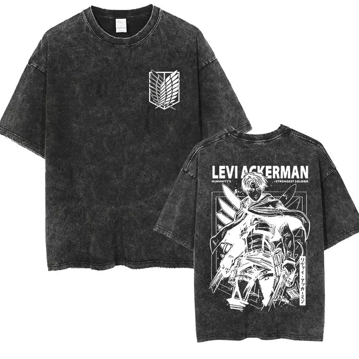 Men's Vintage Washed Anime Print T-shirt with Wings of Freedom Design-The Yellow Prime