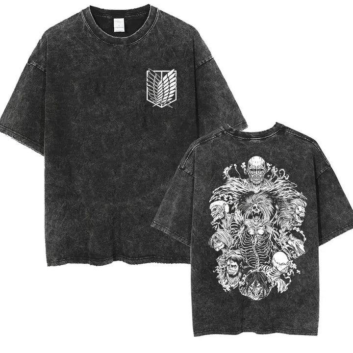 Men's Vintage Washed Anime Print T-shirt with Wings of Freedom Design-The Yellow Prime