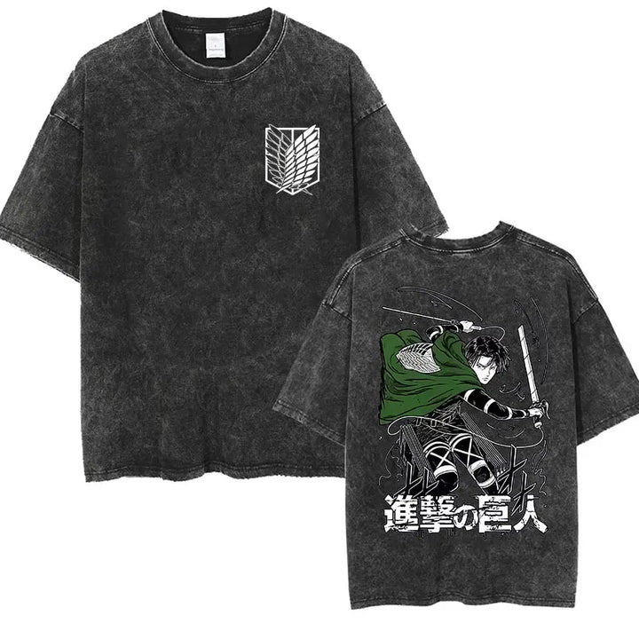 Men's Vintage Washed Anime Print T-shirt with Wings of Freedom Design-The Yellow Prime