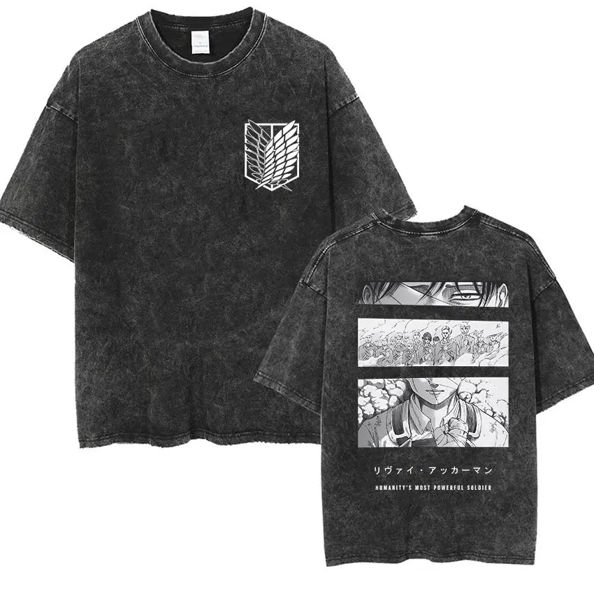 Men's Vintage Washed Anime Print T-shirt with Wings of Freedom Design-The Yellow Prime