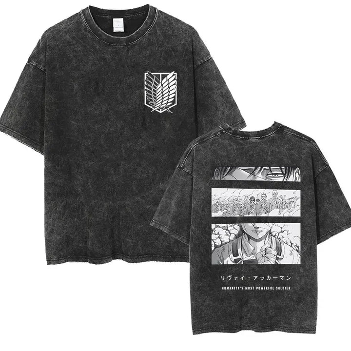 Men's Vintage Washed Anime Print T-shirt with Wings of Freedom Design-The Yellow Prime