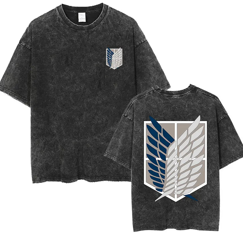 Men's Vintage Washed Anime Print T-shirt with Wings of Freedom Design-The Yellow Prime