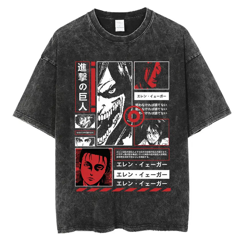 Men's Vintage Washed Anime Print T-shirt with Wings of Freedom Design-The Yellow Prime