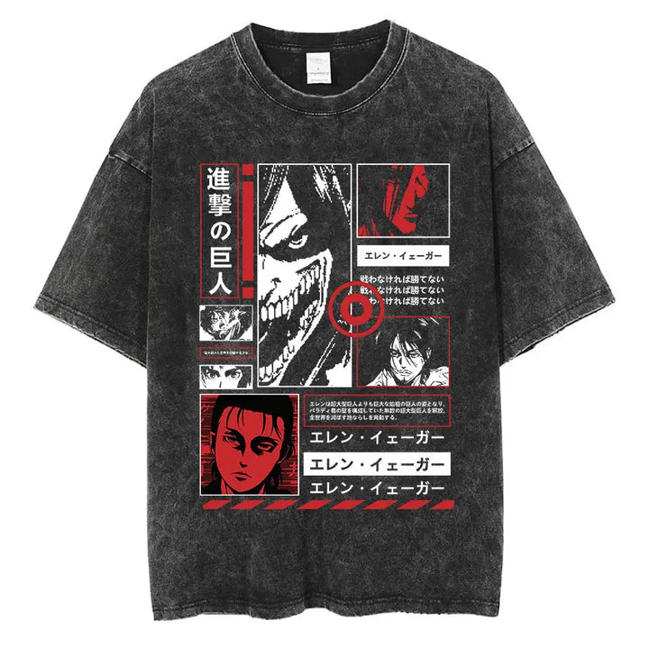 Men's Vintage Washed Anime Print T-shirt with Wings of Freedom Design-The Yellow Prime