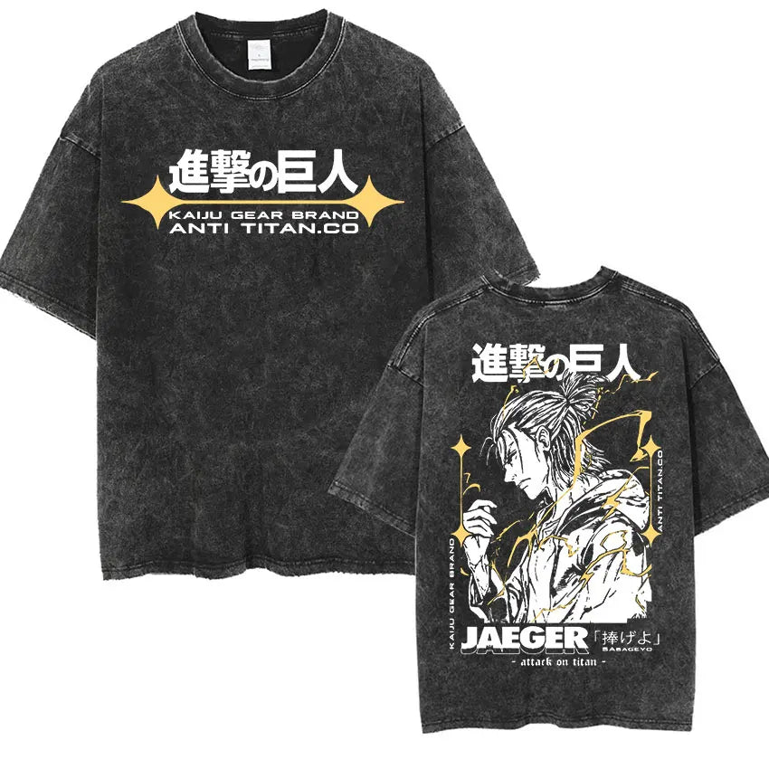 Men's Vintage Washed Anime Print T-shirt with Wings of Freedom Design-The Yellow Prime
