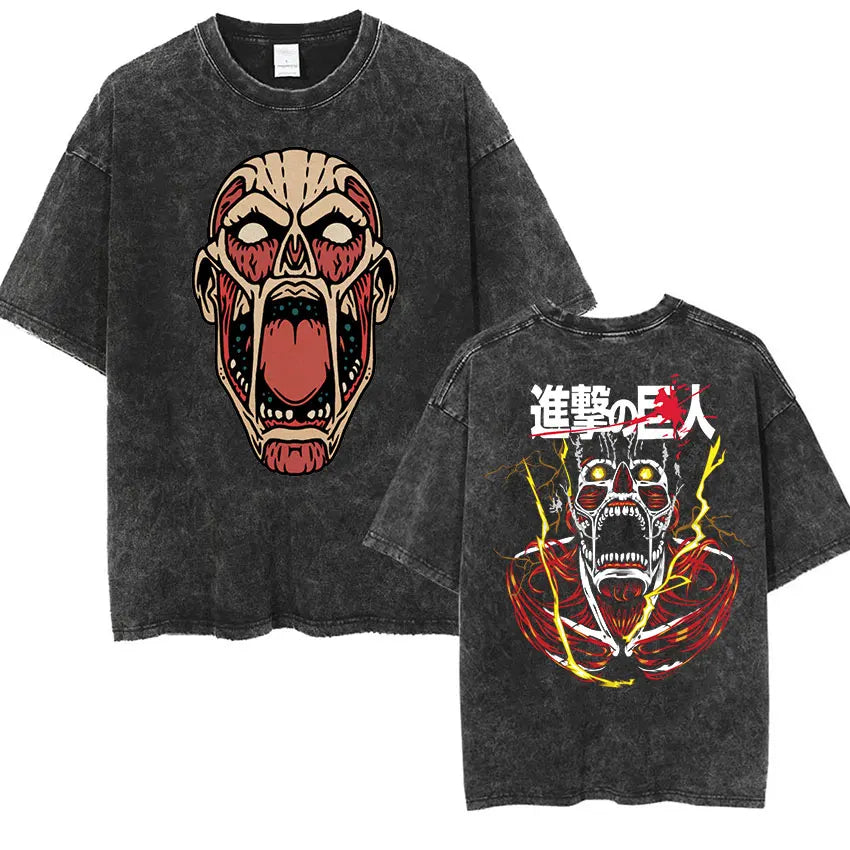 Men's Vintage Washed Anime Print T-shirt with Wings of Freedom Design-The Yellow Prime