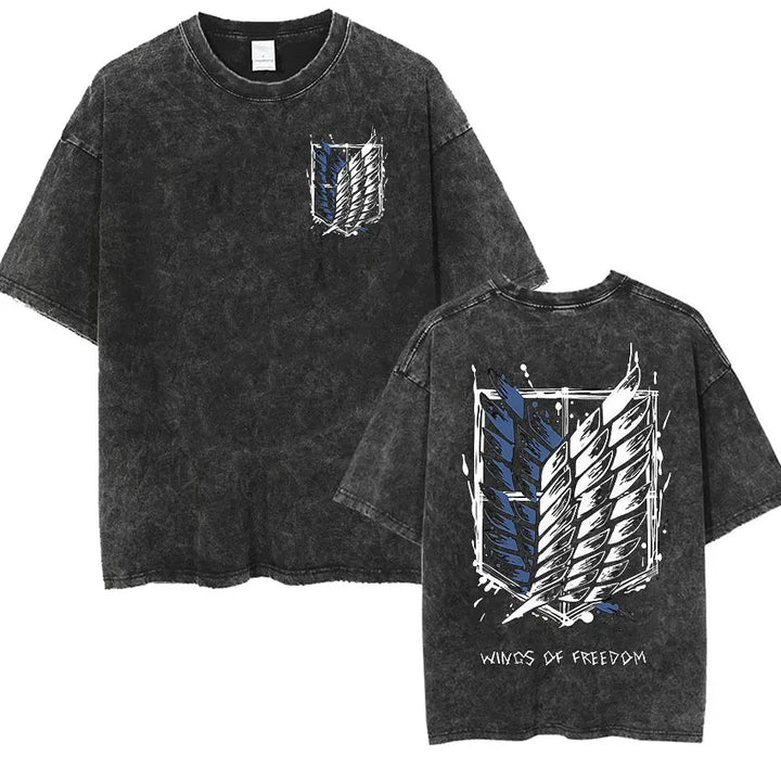Men's Vintage Washed Anime Print T-shirt with Wings of Freedom Design-The Yellow Prime