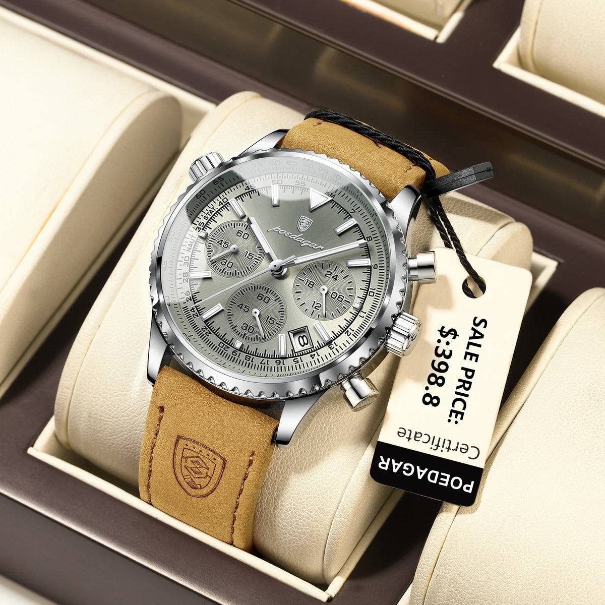 Men's Waterproof Luminous Quartz Chronograph Watch with Date Leather Band-The Yellow Prime