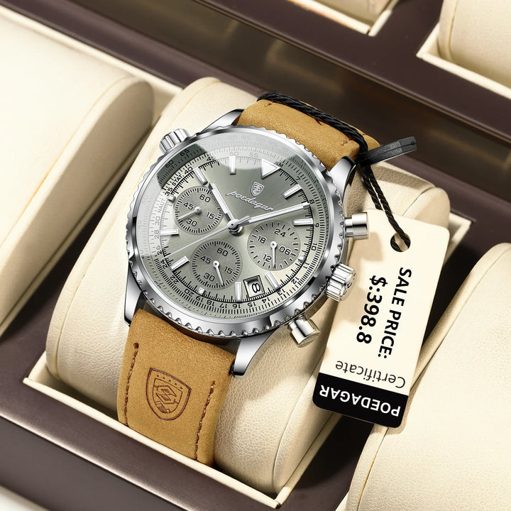 Men's Waterproof Luminous Quartz Chronograph Watch with Date Leather Band-The Yellow Prime