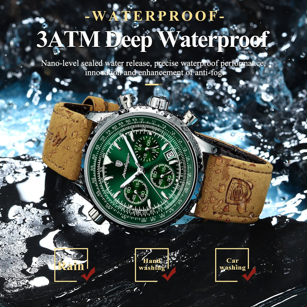 Men's Waterproof Luminous Quartz Chronograph Watch with Date Leather Band-The Yellow Prime