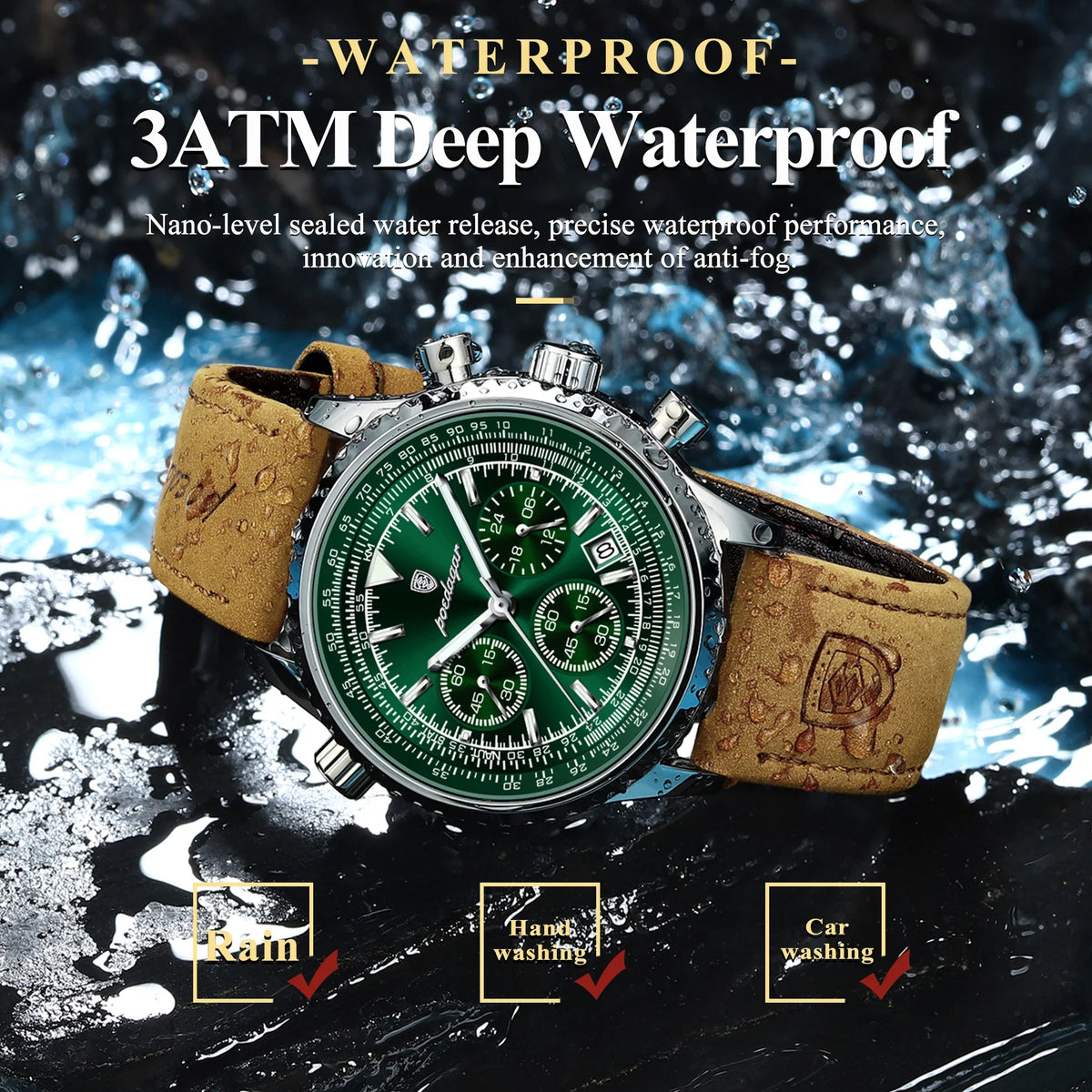 Men's Waterproof Luminous Quartz Chronograph Watch with Date Leather Band-The Yellow Prime