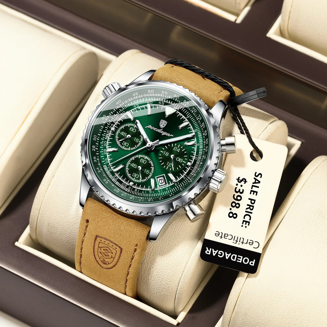 Men's Waterproof Luminous Quartz Chronograph Watch with Date Leather Band-The Yellow Prime