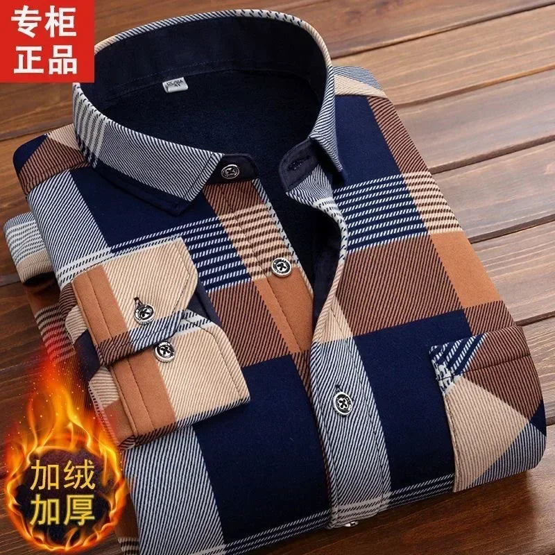 Men's Winter Warm Long Sleeve Plaid Flannel Shirt with Fur Lining-The Yellow Prime