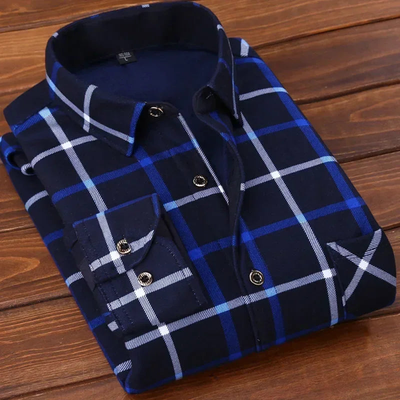 Men's Winter Warm Long Sleeve Plaid Flannel Shirt with Fur Lining-The Yellow Prime