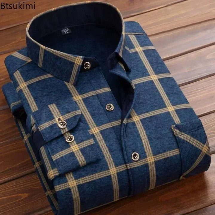 Men's Winter Warm Long Sleeve Plaid Flannel Shirt with Fur Lining-The Yellow Prime