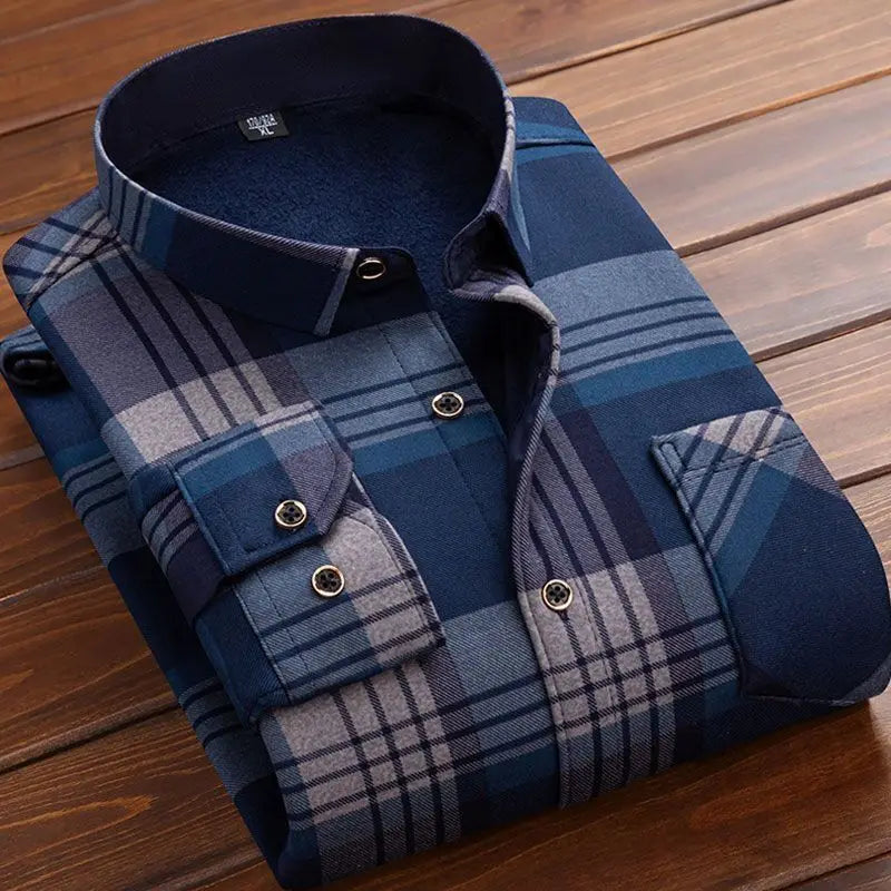 Men's Winter Warm Long Sleeve Plaid Flannel Shirt with Fur Lining-The Yellow Prime