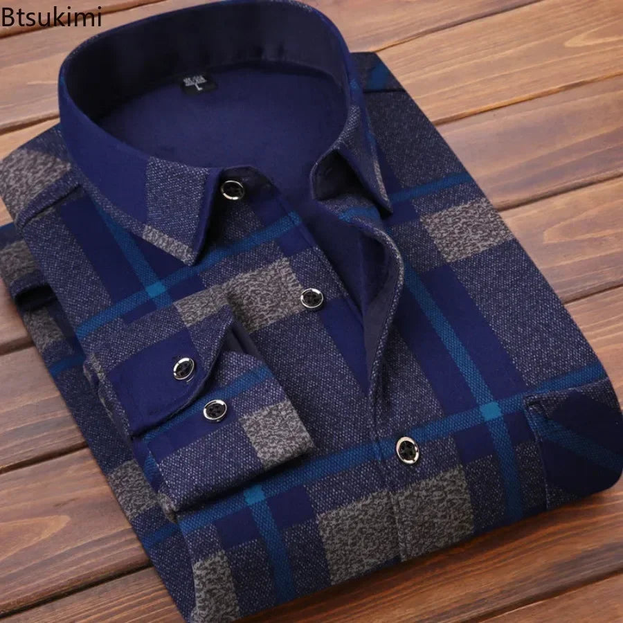 Men's Winter Warm Long Sleeve Plaid Flannel Shirt with Fur Lining-The Yellow Prime