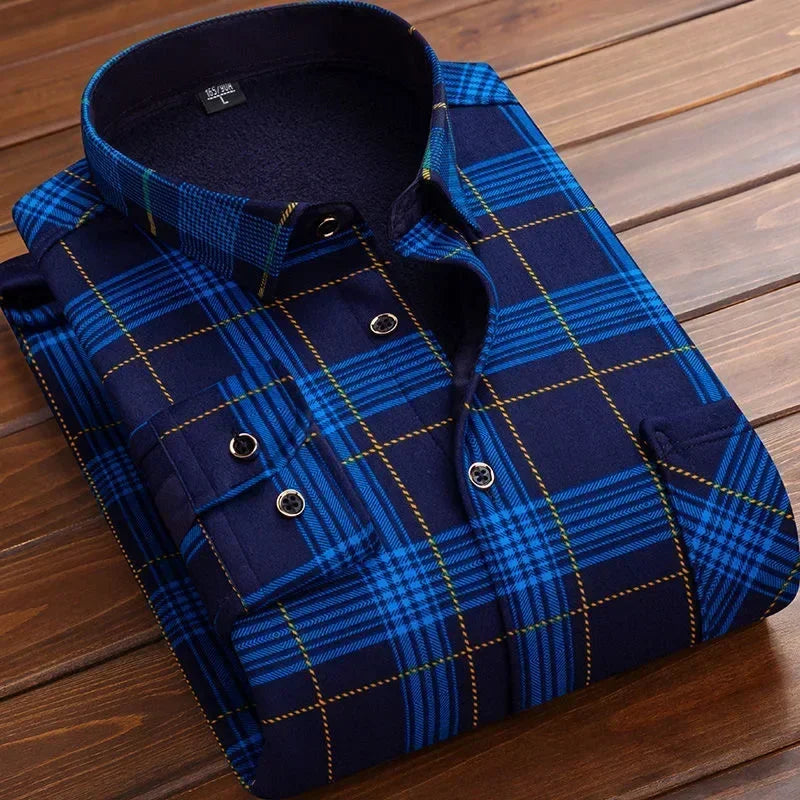 Men's Winter Warm Long Sleeve Plaid Flannel Shirt with Fur Lining-The Yellow Prime