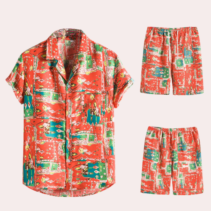 Men's breathable Hawaiian shirt and shorts set for summer fun-The Yellow Prime