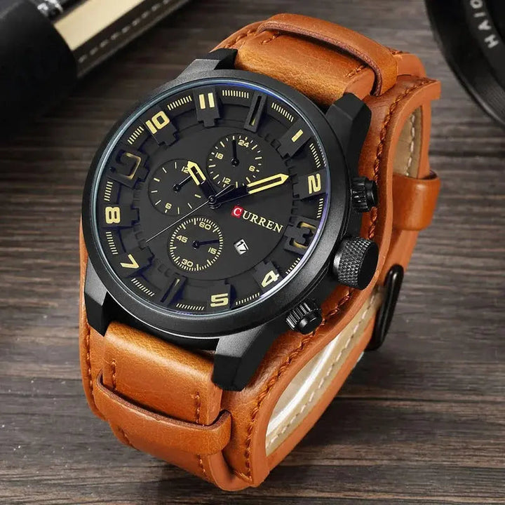 Men's elegant chronograph watch – leather strap, quartz for any occasion-The Yellow Prime