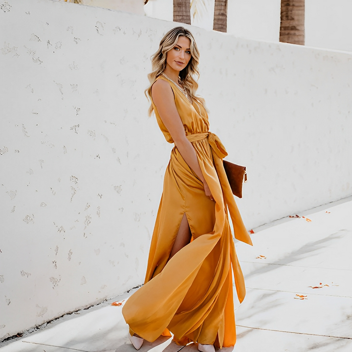Jasy | Women's Sleeveless Maxi Dress with Waist Belt-The Yellow Prime