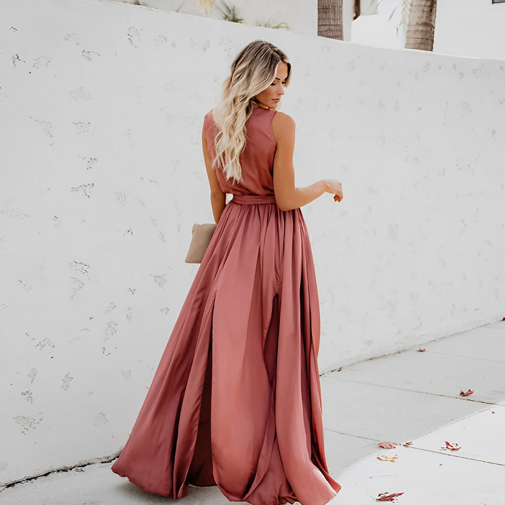 Jasy | Women's Sleeveless Maxi Dress with Waist Belt-The Yellow Prime