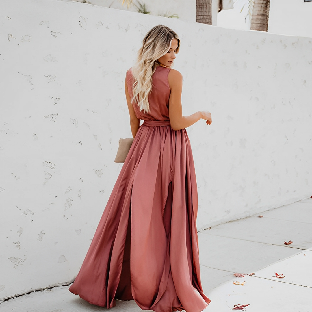 Jasy | Women's Sleeveless Maxi Dress with Waist Belt-The Yellow Prime