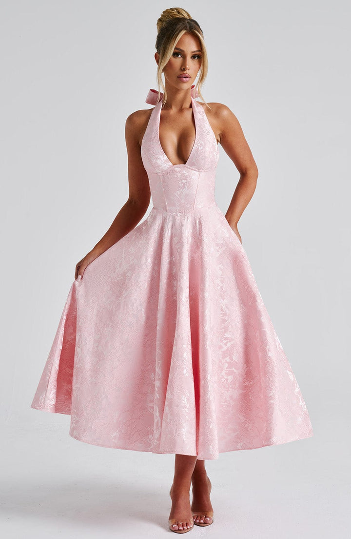 Sophia | Women's Halter Midi Wedding Guest Dress-The Yellow Prime