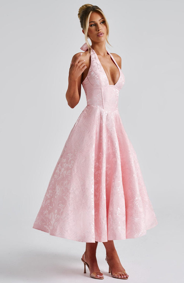 Sophia | Women's Halter Midi Wedding Guest Dress-The Yellow Prime