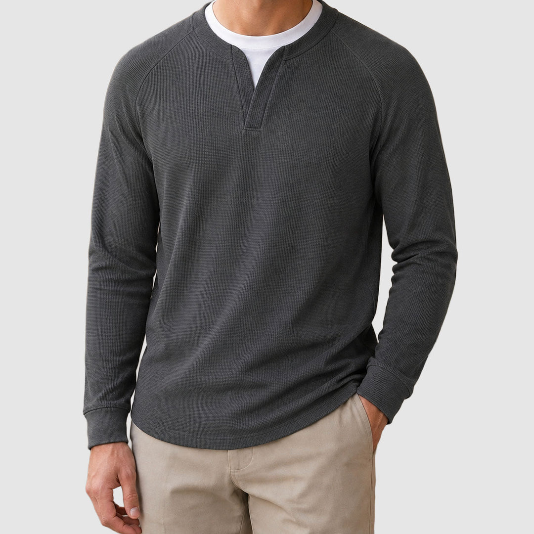 Varm sweater til mænd i vaffelstrik med splitkrave