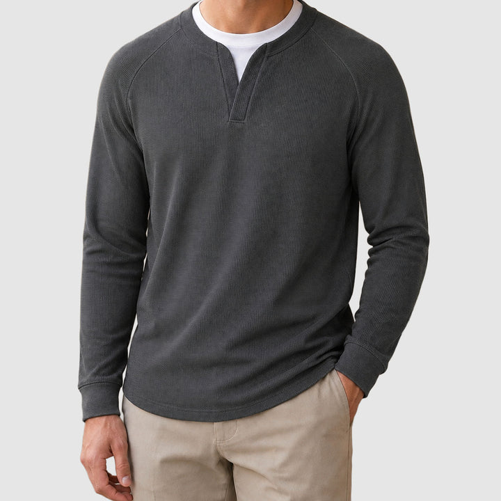 Varm sweater til mænd i vaffelstrik med splitkrave