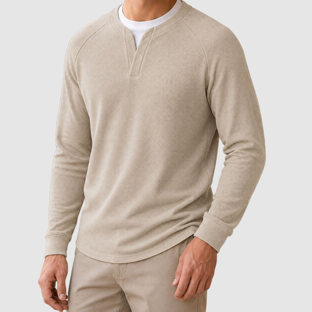 Varm sweater til mænd i vaffelstrik med splitkrave