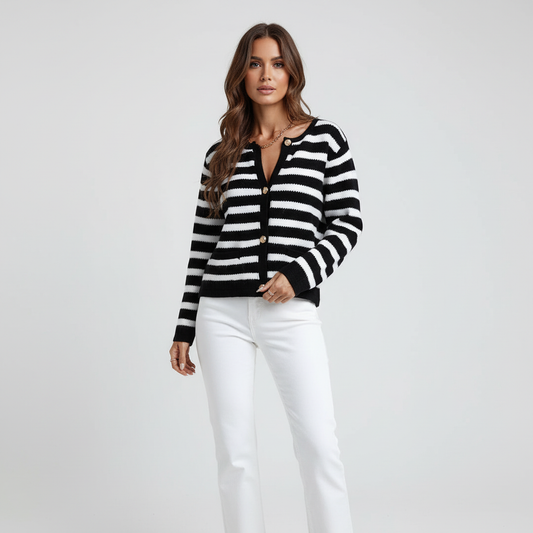 Women's Striped V-Neck Button-Front Cardigan – Cozy Fall & Winter