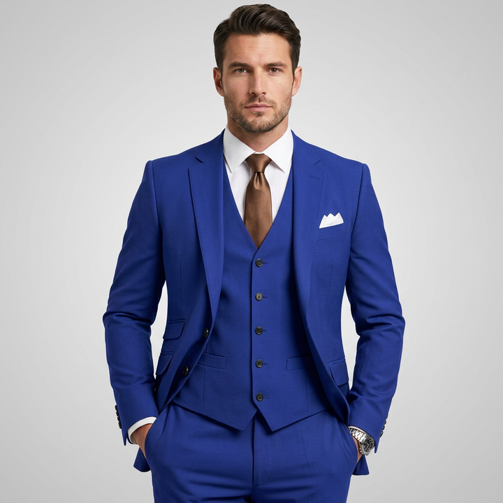 Fato clássico de corte cintado, liso, de três peças para homem