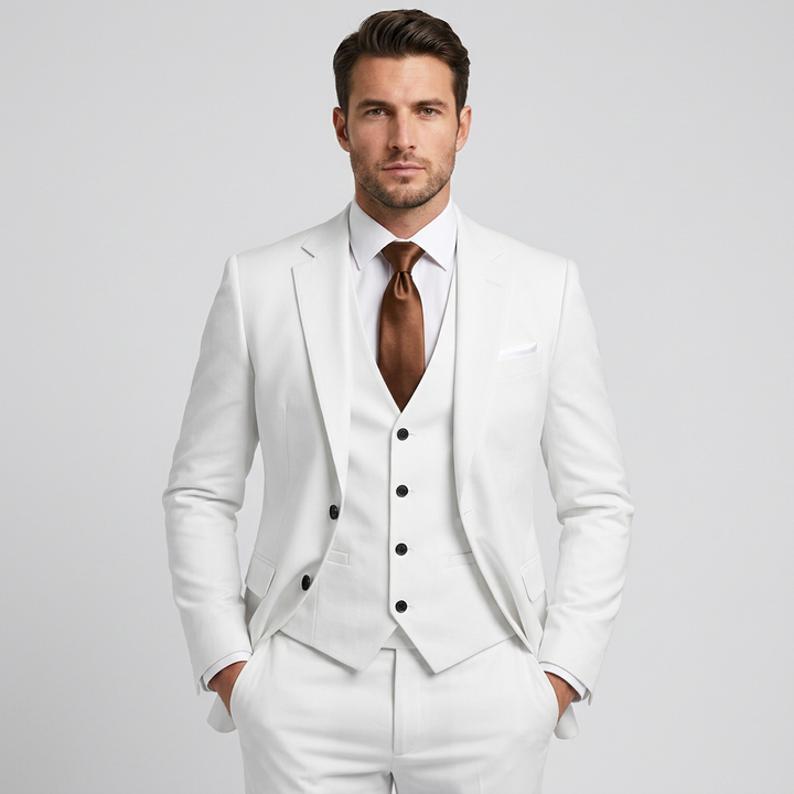 Fato clássico de corte cintado, liso, de três peças para homem