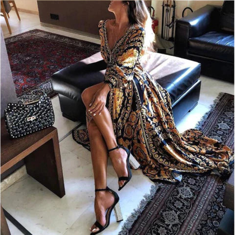 Morry | Women's Boho Floral Long Sleeve Maxi Dress-The Yellow Prime