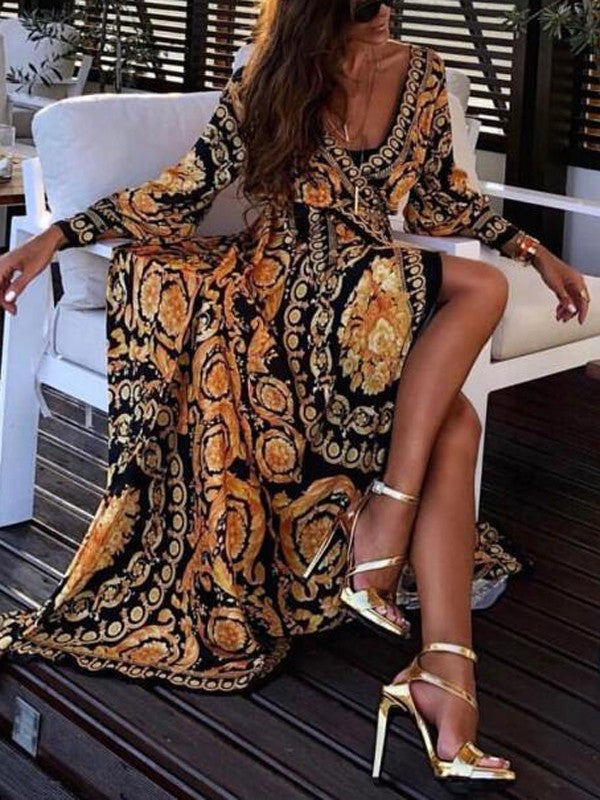 Morry | Women's Boho Floral Long Sleeve Maxi Dress-The Yellow Prime
