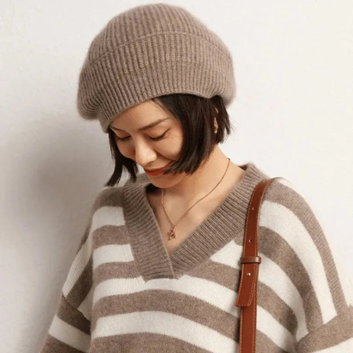 Women's Soft Cashmere Beret with Ribbed Foldover Band for Winter-The Yellow Prime